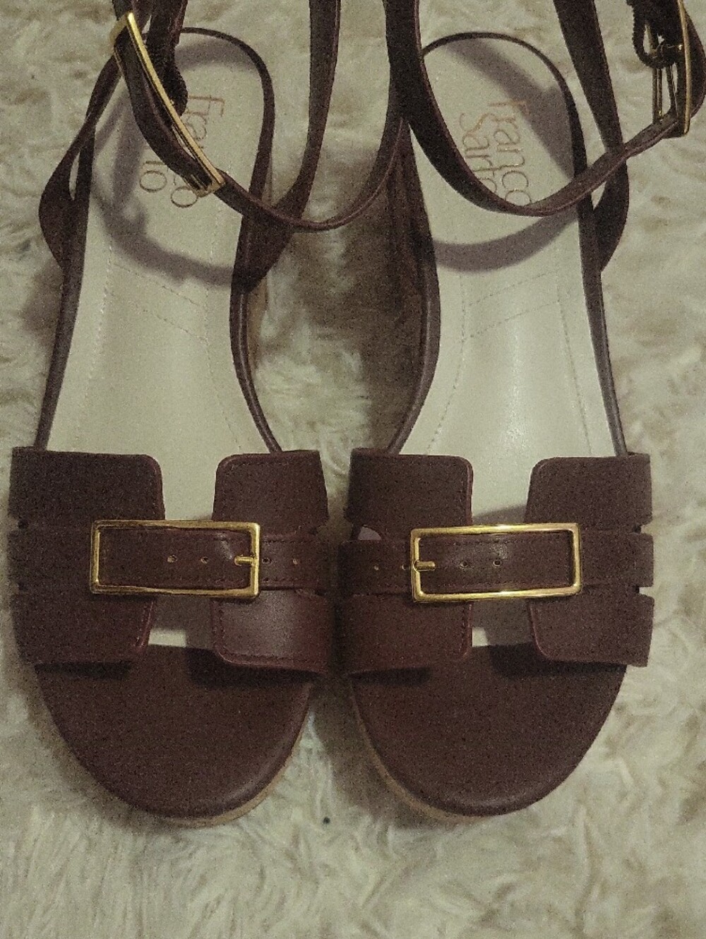 Franco Sarto Brown Leather Wedge Sandals with Gold Buckle Accents - Picture 3 of 8